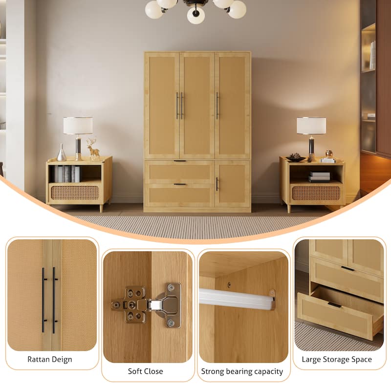 47"W Family 4-Door Wardrobe Armoires Closet 2 Drawer Storage Rattan Style - N/A