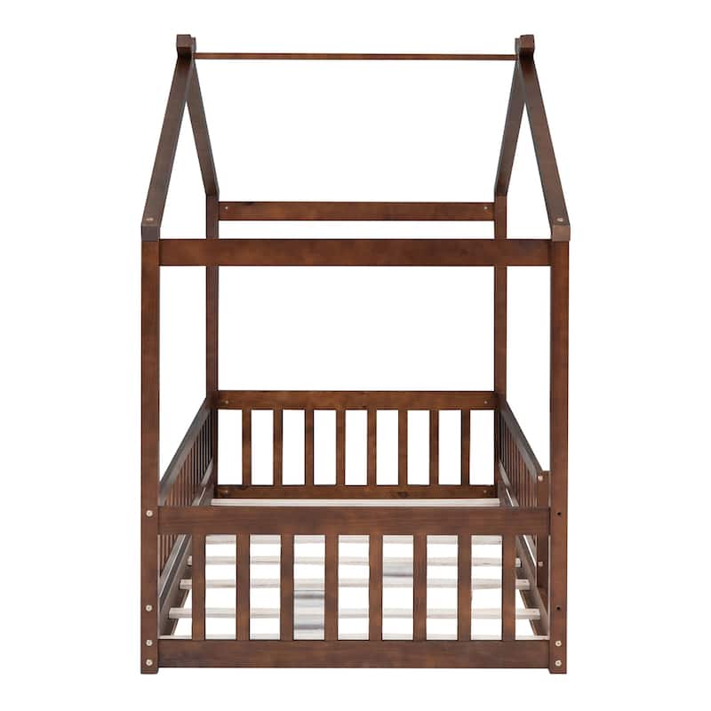 Twin Size Wood Bed House Bed Frame with Fence