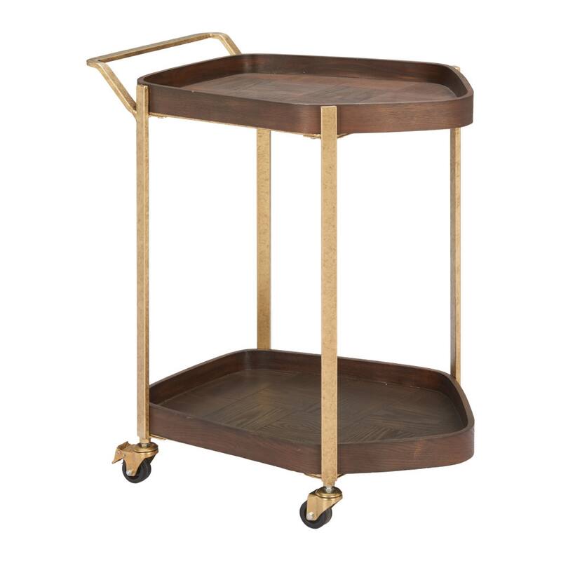 HomeRoots 27" Walnut And Brass Wood and Steel Rolling Bar Cart - 27.00 in. x 26.80 in. x 18.00 in.