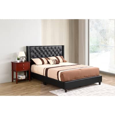 Boho Upholstered Bed - Deep Tufted Headboard, Faux Leather & Fabric Design, 66x86 Inch