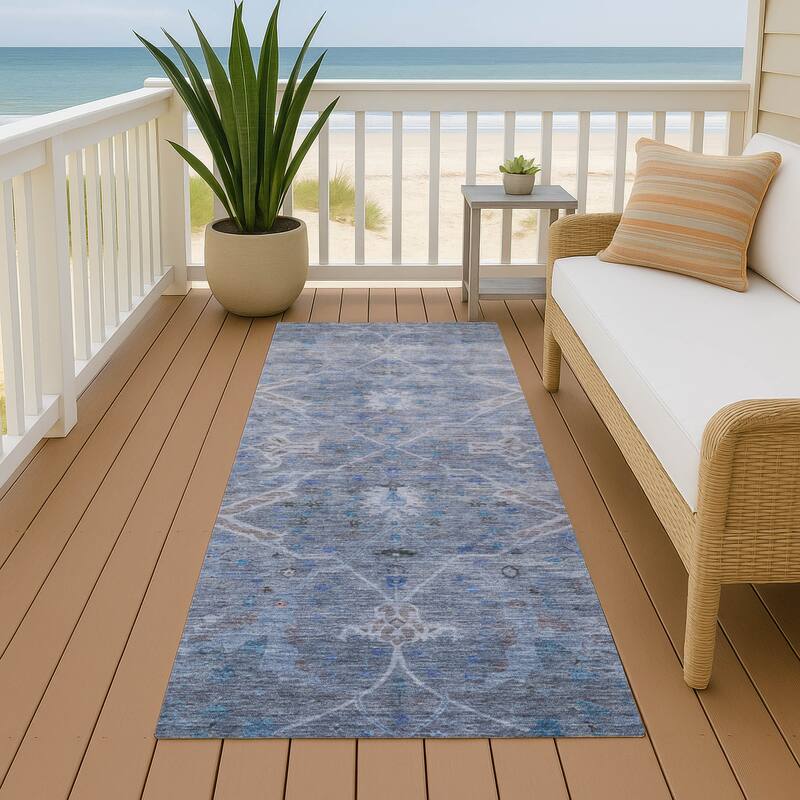 Machine Washable Indoor/ Outdoor Vintage Traditional Chantille Rug - Blue - 2'3" x 7'6"