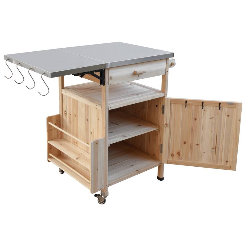 40.5" Outdoor Grill Cart with Stainless Steel Top, Drop Leaf, One Drawer, Towel Rack, Rolling Kitchen Cart with Lockable Wheels