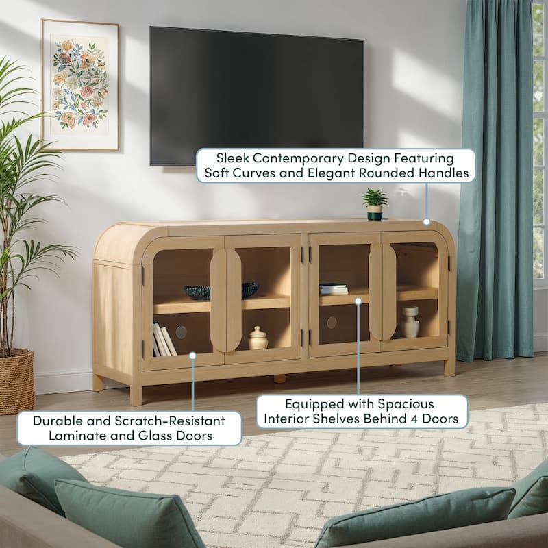 Walker Edison Modern Curved Easy Assembly TV Stand with Glass Paneled Doors