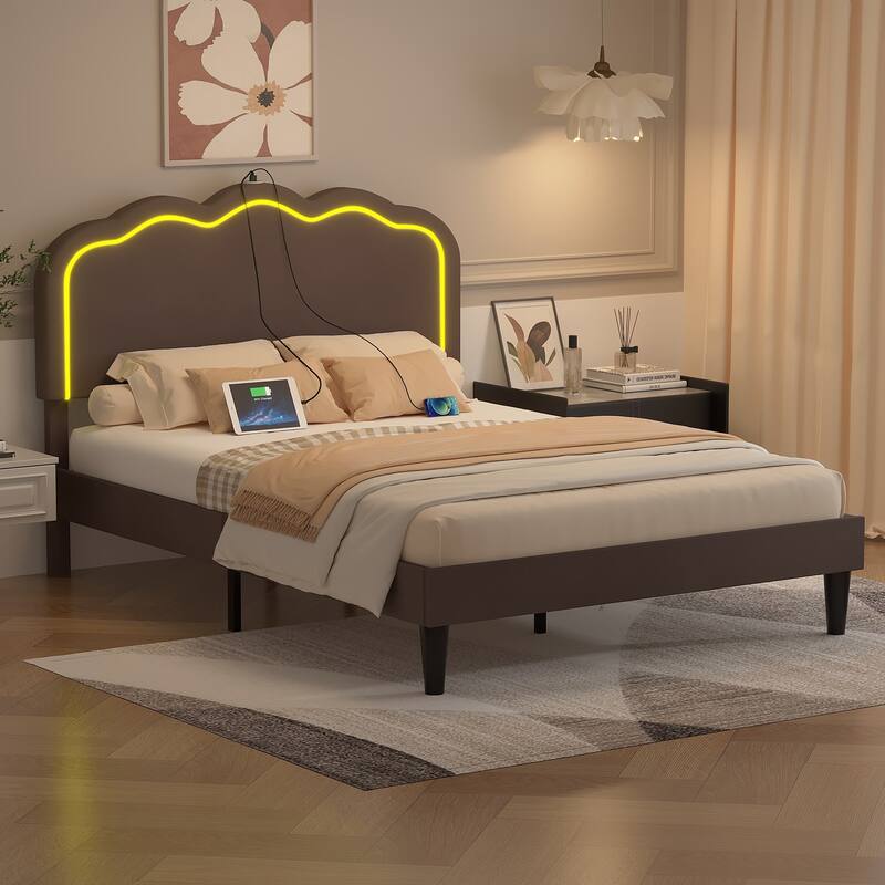 VECELO Upholstered Bed Frame with Headboard Adjustable,LED Lights, USB-A & Type-C,Velvet Platform Bed No Box Spring Needed - Grey - Full