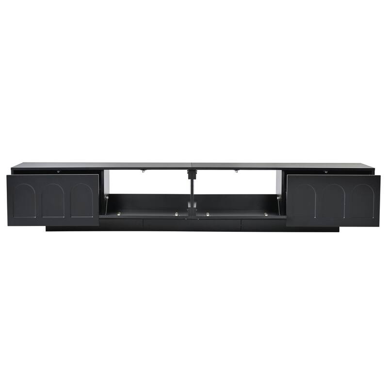 Modern LED TV Cabinet with Fluted Arched Tempered Glass Doors, 2 Drawers and 2 Cabinets, for Living Room, Black