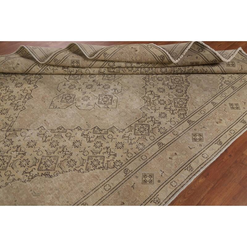 Distressed Tabriz Persian Vintage Rug Handmade Beige Wool Carpet - 6'5" x 9'5"