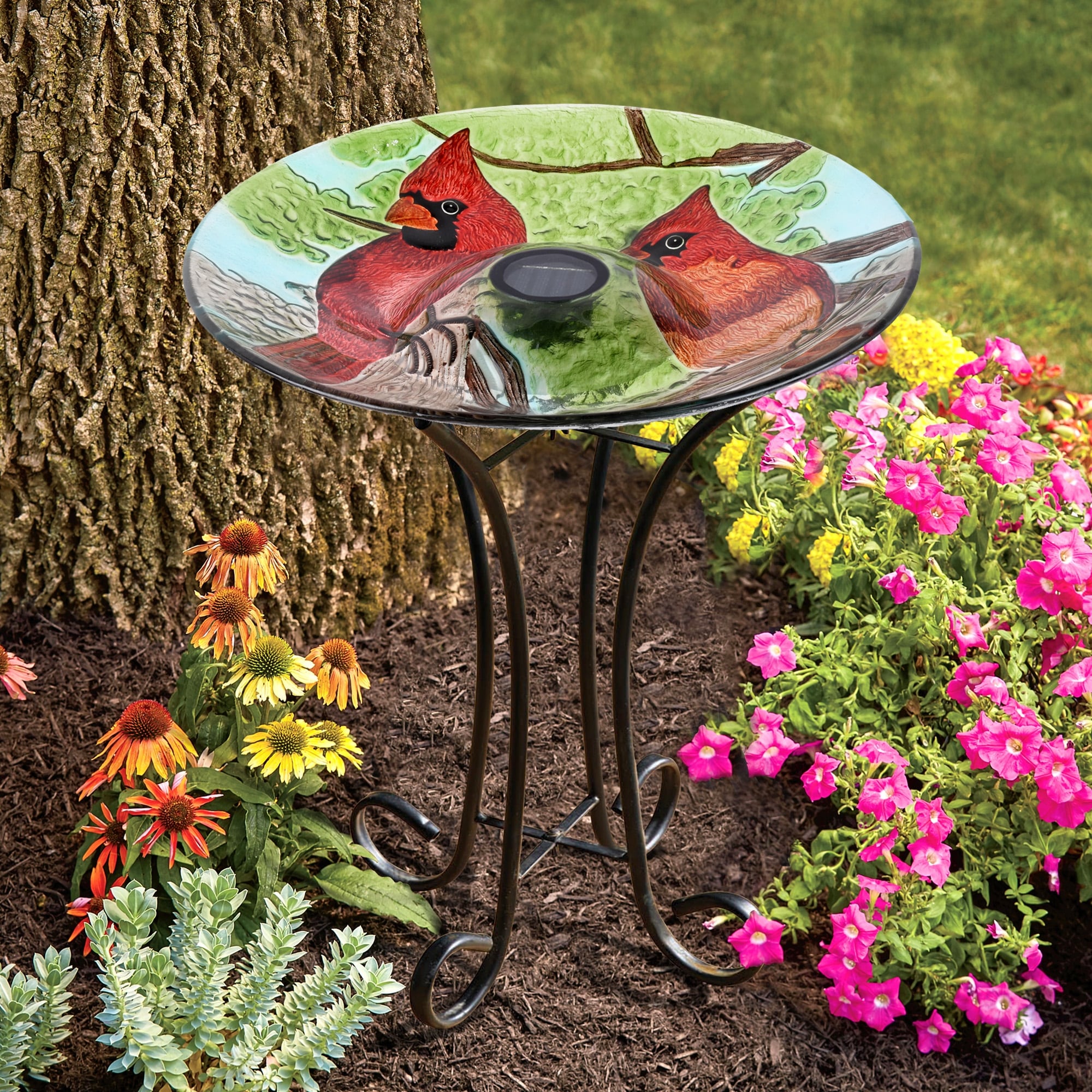Solar Cardinals Glass Bird Bath with Stand - 21" - Red and Green