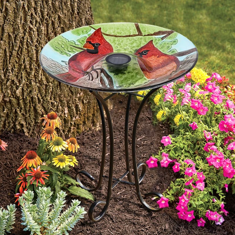 Solar Cardinals Glass Bird Bath with Stand - 21" - Red and Green