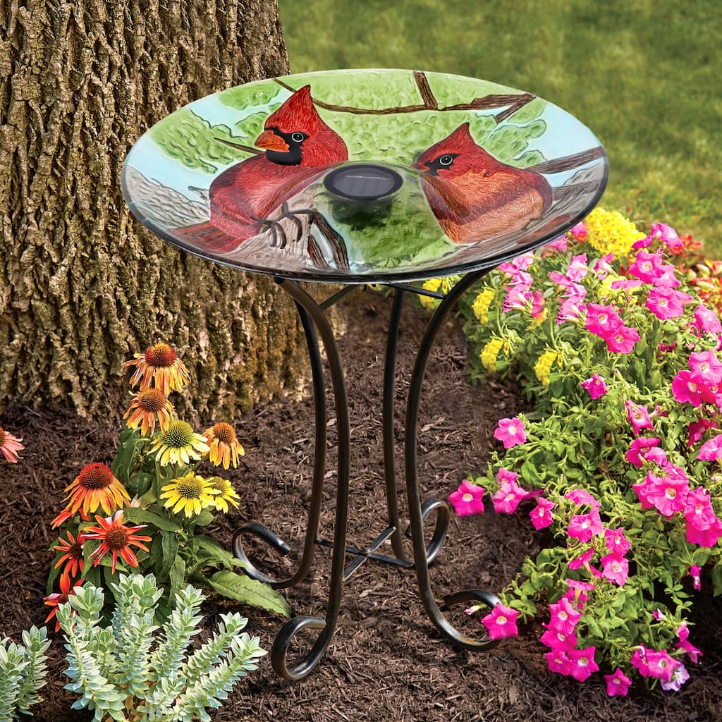 Solar Cardinals Glass Bird Bath with Stand - 21" - Red and Green
