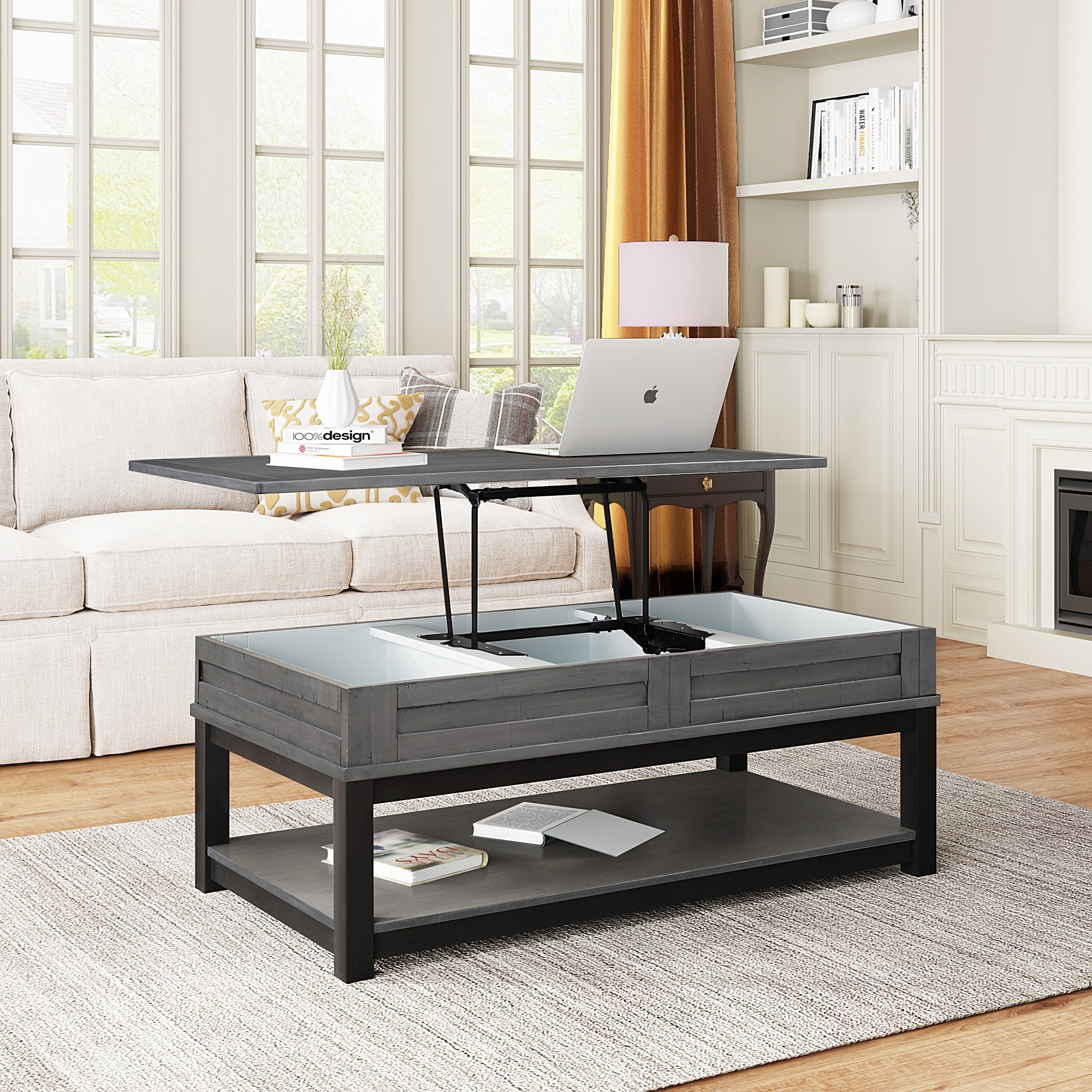 Lift Top Coffee Table with Inner Storage Space Shelf Modern