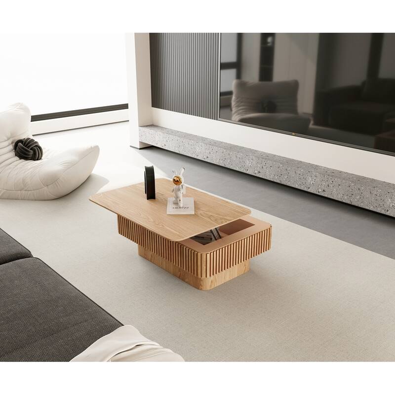 Storage Modern Coffee Table 38.6'' Fluted Lift-top Tea Coffee Table - Natural Wood