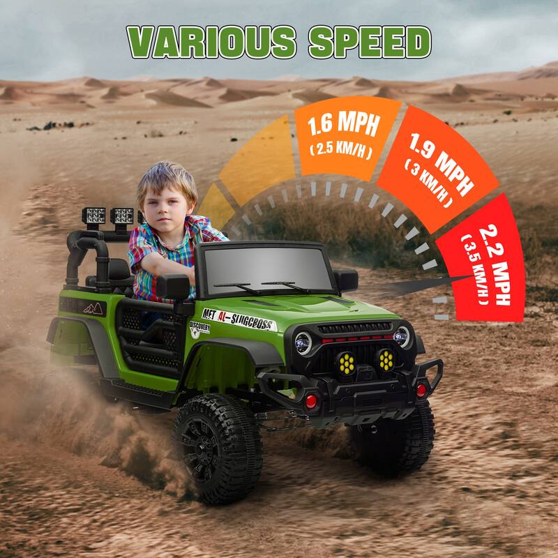 12V Ride on Truck Off-Road Toy Car with LED Lights, Green Battery Powered Ride on Car with Parent Remote