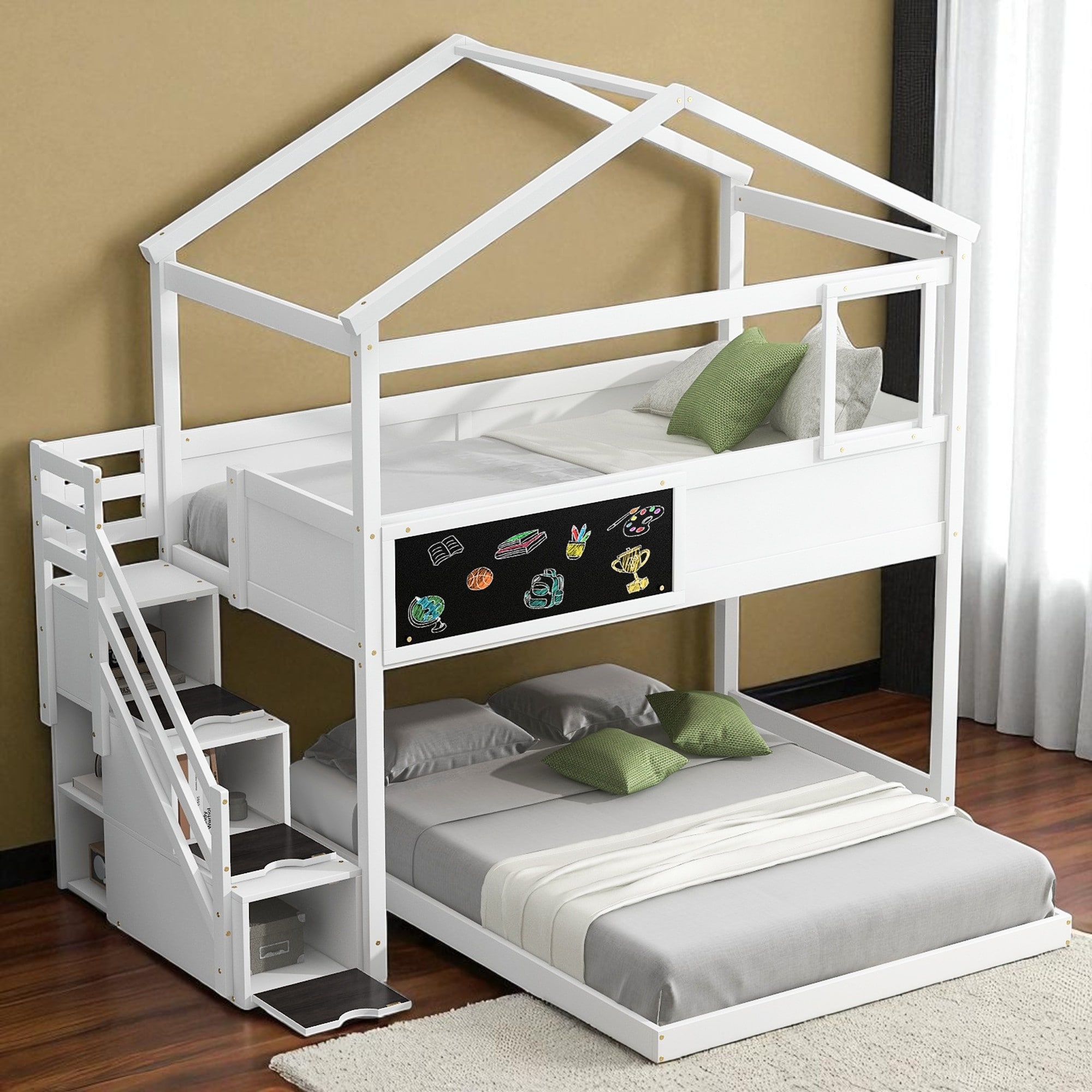 Twin Over Full House Bunk Bed with Storage Stairs and Blackboard for Kids, Wood Frame