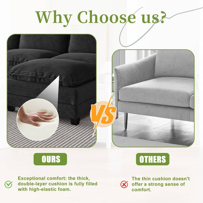 113" L Shaped Sectional Sofa, Deep Seat Cloud Couch with Ottoman, Oversized Corduroy Couch with Cup Holders, Storage Bags