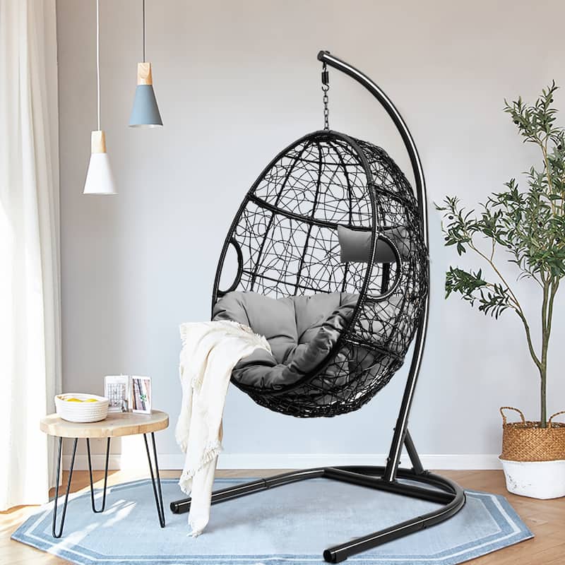 Costway Hammock Chair with Stand Hanging Cushioned Swing Egg Chair - See Description - Black - See Description