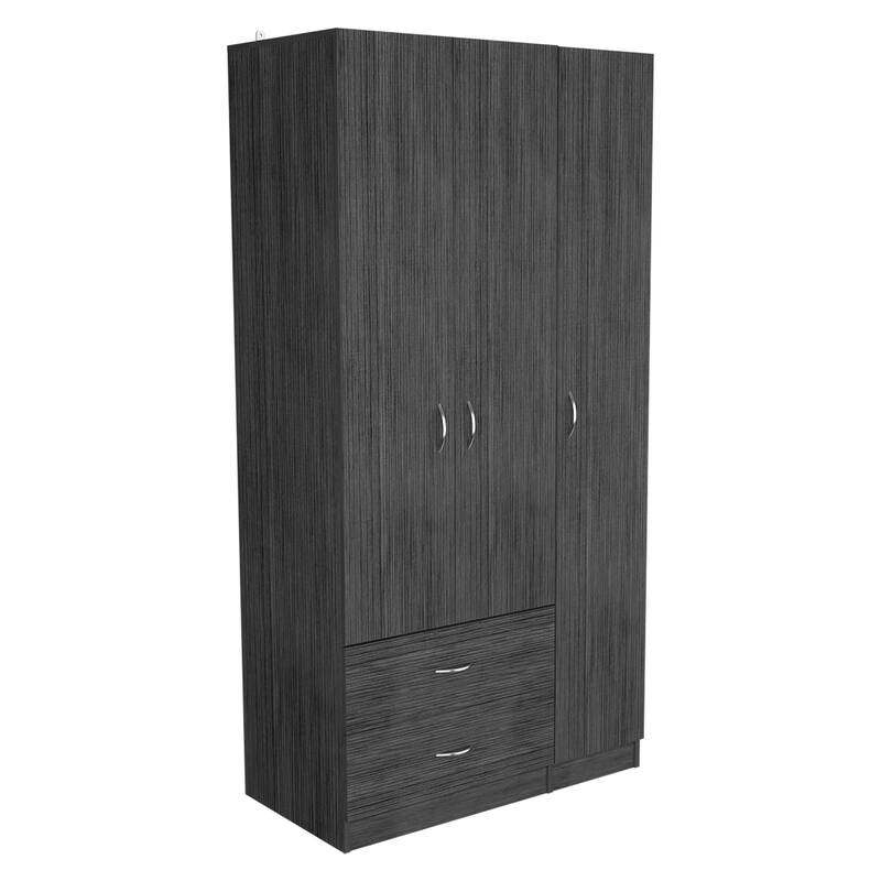 35.4" Modern Three-door Armoire with Hanging Rod, 5 Tall Spacious Shelves and Two Drawers