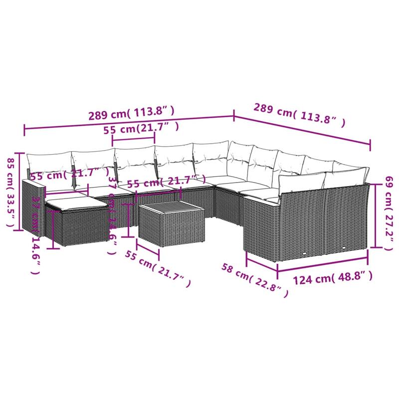 vidaXL 11/12 Piece Patio Sofa Set with Cushions Black/Gray Poly Rattan - 24.4 x 24.4 x 27.2