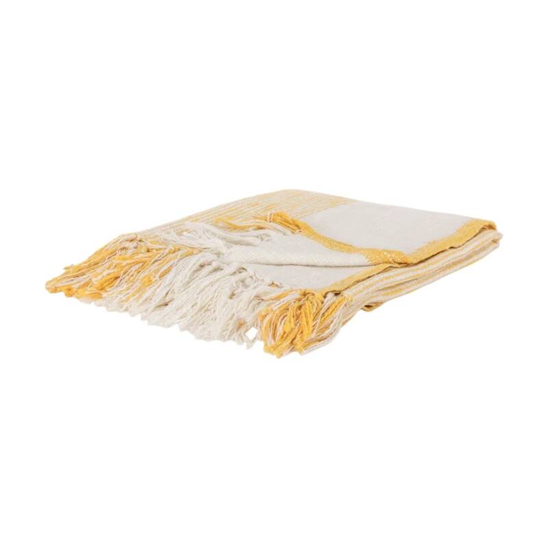 HomeRoots 50" X 60" Yellow And Ivory Cotton Woven Striped Throw Blanket with Fringe