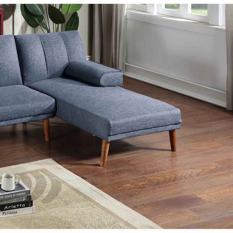 Navy Polyfiber 2pc Sectional Sofa with Wood Legs, Adjustable Chaise, Convertible Bed