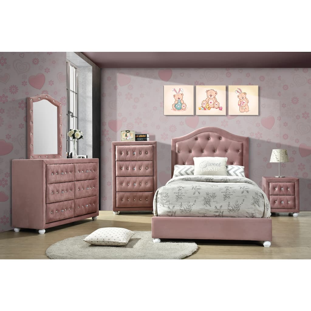 Twin Bed Pink Fabric Youth Bedroom Set - Button Tufted Panel Bed with Wooden Legs