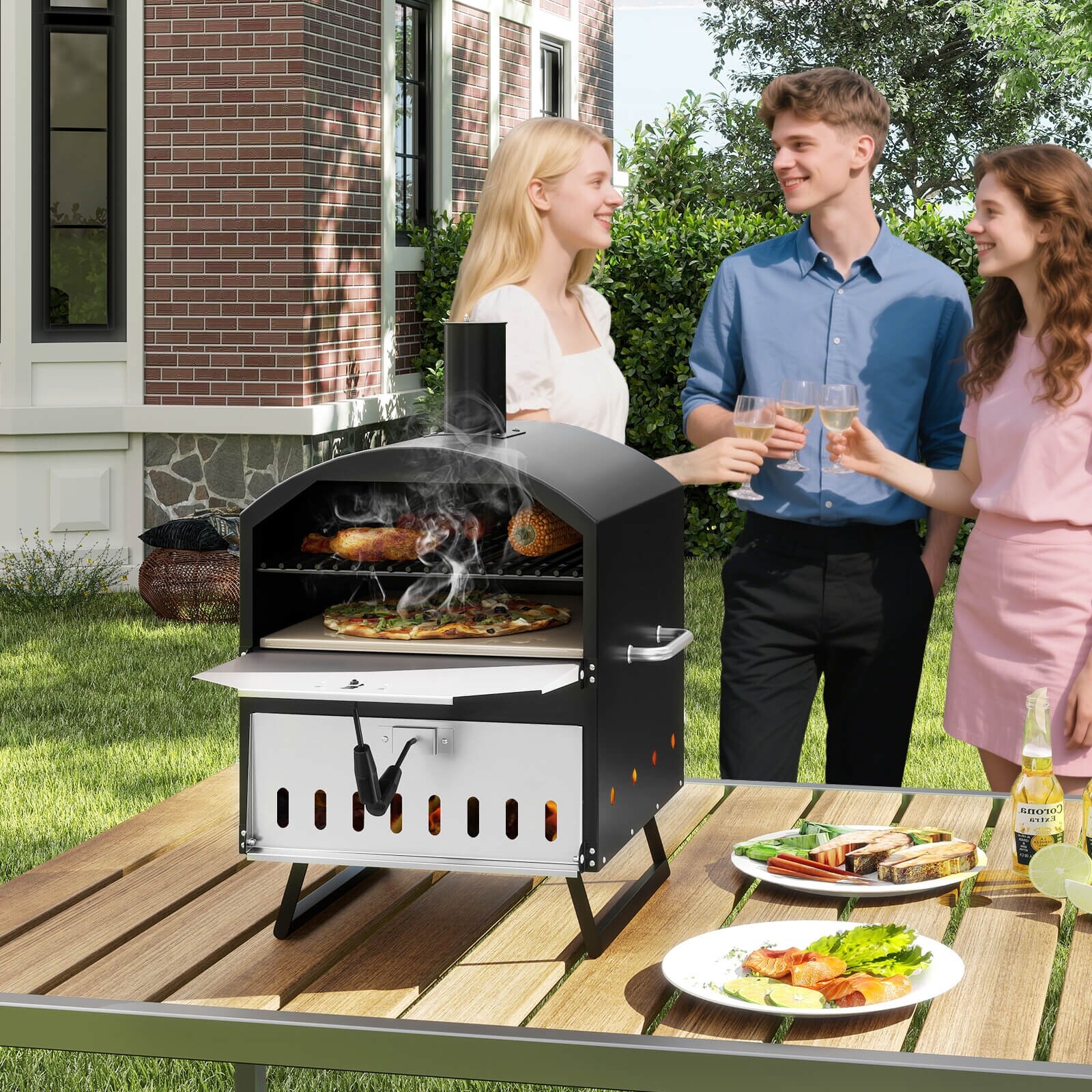 COSTWAY Pizzaoven Outdoor – Houtgestookt, Met Zijplanken, Roestvrijstalen Rooster, Pizzasteen 30,5 Cm, Hoes En Schep, Max. 400°C