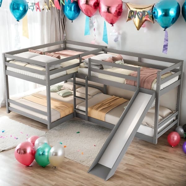 slide 2 of 27, 4 Beds In 1 Full And Twin Size L-Shaped Bunk Bed With Slide,Ladder Grey