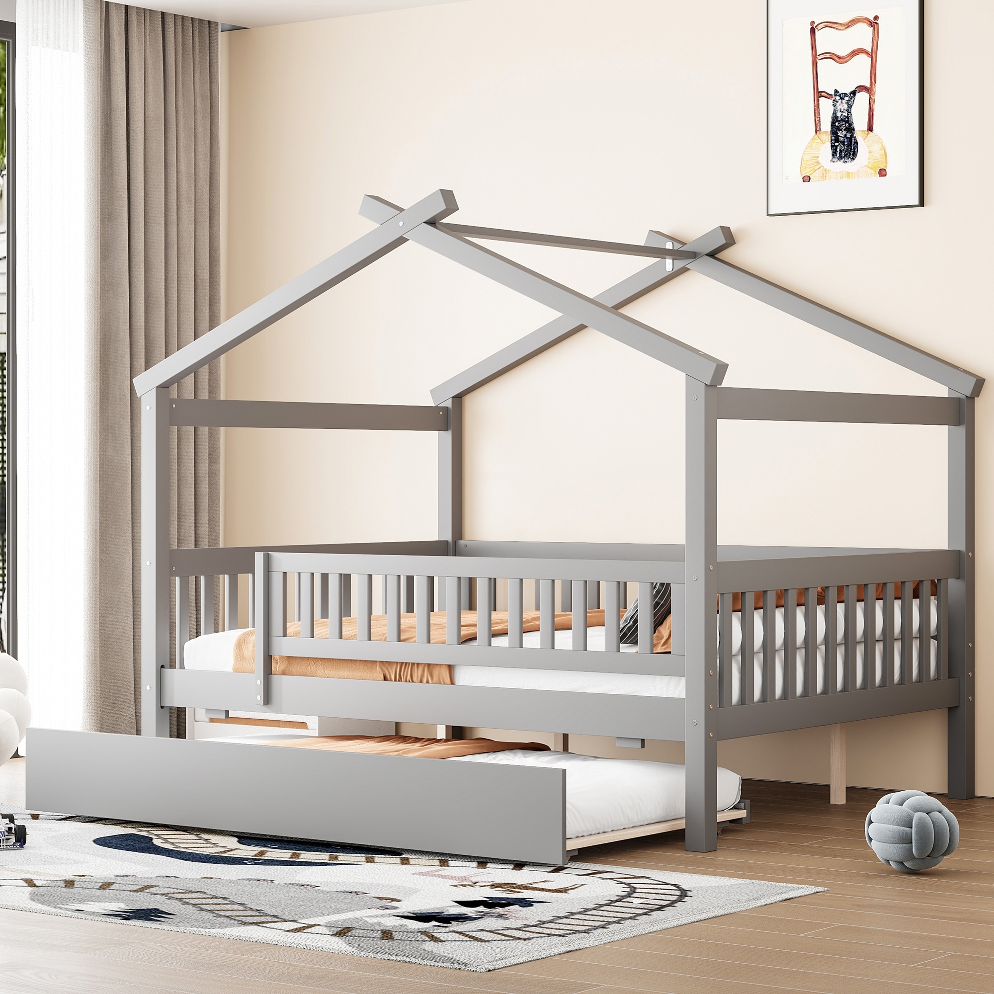 Roomfitters Full Size Wooden House Bed with Twin Trundle and Roof Frame Pine