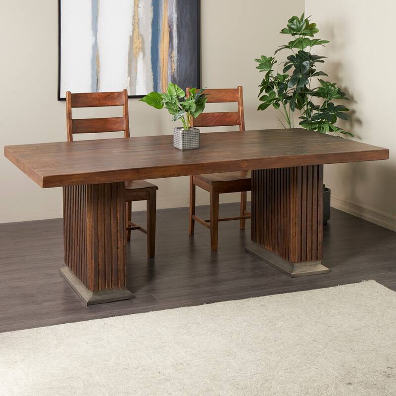 Mango Wood Mid Century Modern Dining Table with Ribbed Legs and Silver Bases - Brown - Roche River Decor - 42"W x 84"L x 30"H