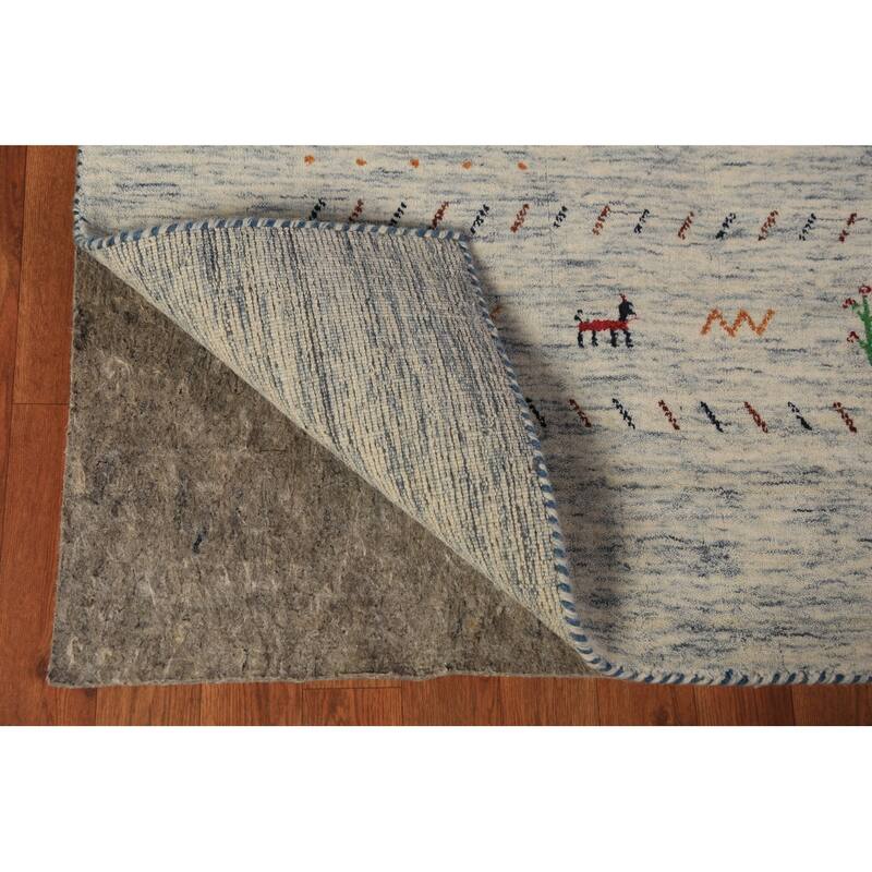 Ivory & Blue Tribal Gabbeh Oriental Area Rug Handmade Wool Carpet - 8'1"x 9'10"