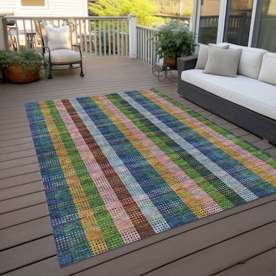Machine Washable Indoor/ Outdoor Modern Plaid Chantille Rug