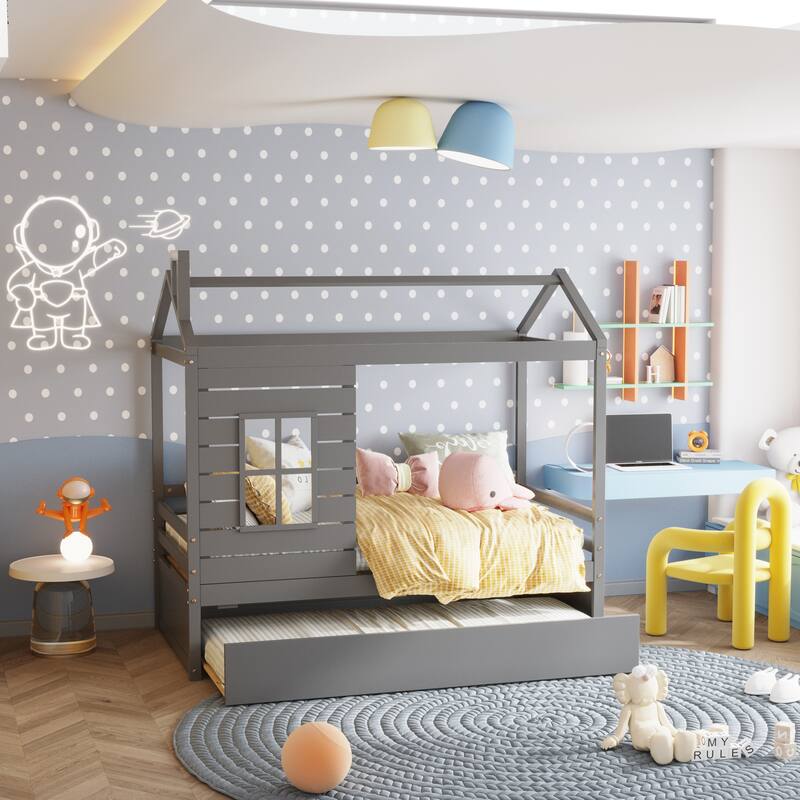 Twin Size Wood Kids Bed with Twin Size Trundle