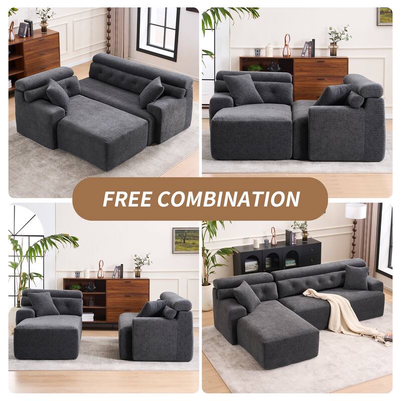 Full Compression Chenille Convertible L-Shape Chesterfield-Inspired Design Sofa Chaise
