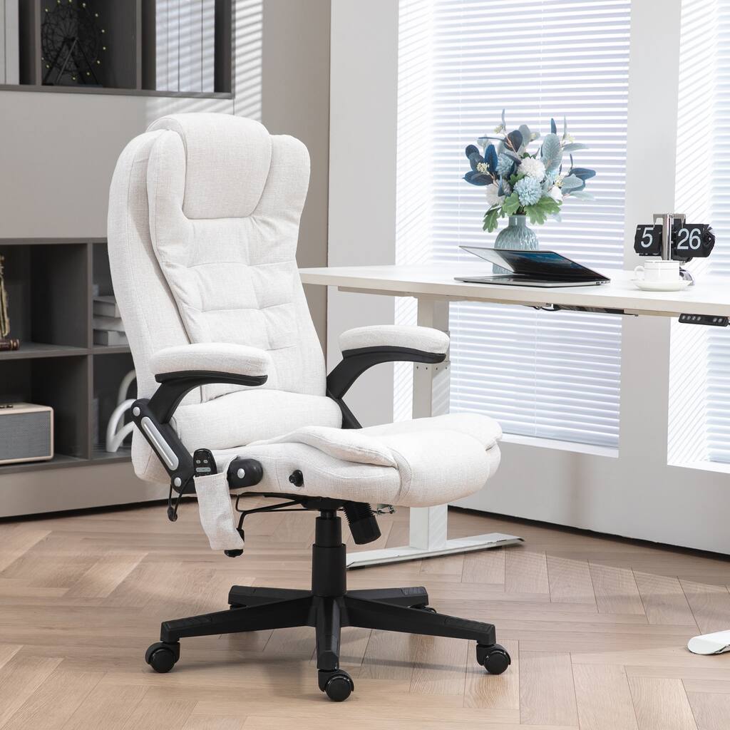 Cream White 6 Point Vibrating Massage Office Chair with Heat, High Back Executive Office Chair with Reclining Backrest