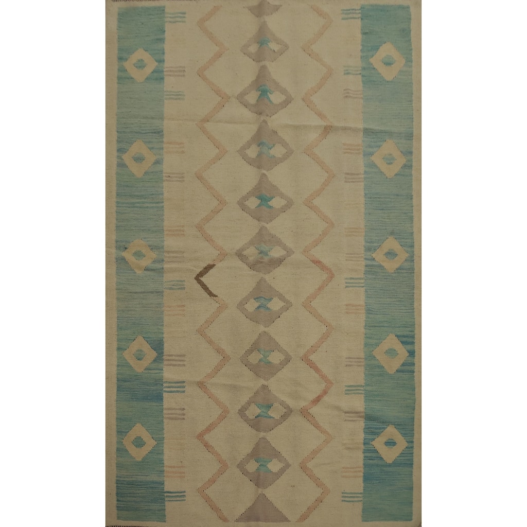 Hand Woven Oriental 100% Wool Carpet Southwestern Tribal Beige & Ivories Kilim Area Rug - 6' 6'' X 4' 6''