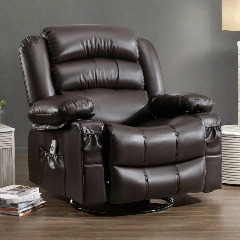 360° Swivel Massage Recliner Chair with Heat, PU Leather, 8-Point Massage, USB Charging and Storage Pockets - Brown