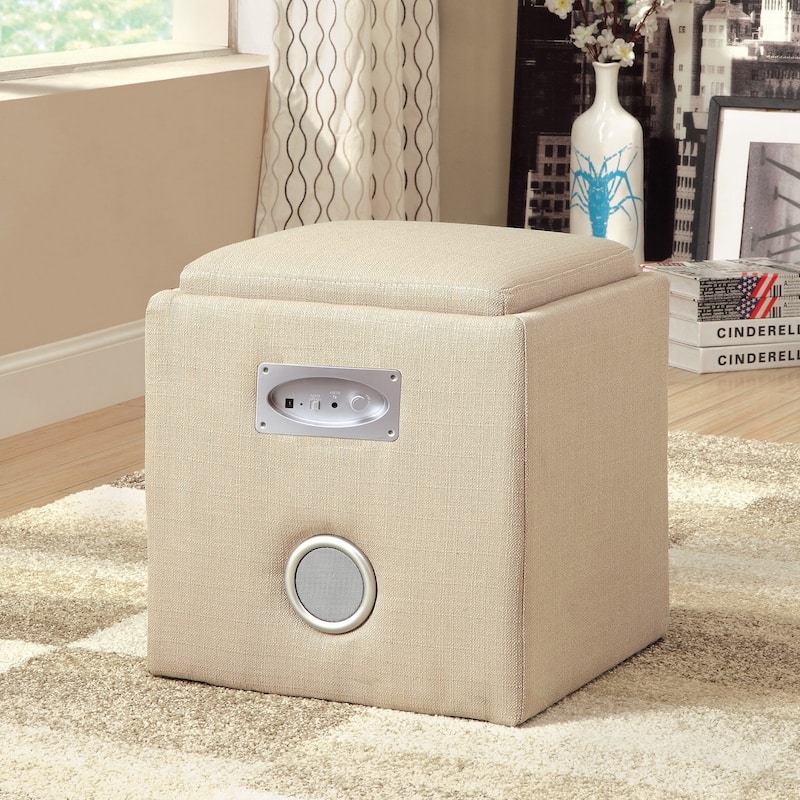 Cavelli Contemporary Fabric Built-in Speaker & Hidden Storage Ottoman by Furniture of America - Ivory