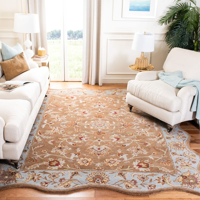 SAFAVIEH Handmade Heritage Heritage Bloom Brown/ Blue Wool Rug - 7'6" x 9'6" Scallop - Beige/Blue - Runner/Rectangle