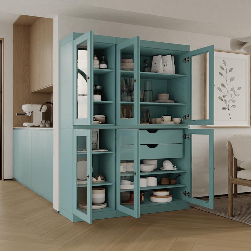 Palace Imports 100% Solid Wood 48.5" Pantry China Cabinet with Clear Glass Doors, 2-Drawers and Adjustable Shelves - Aqua