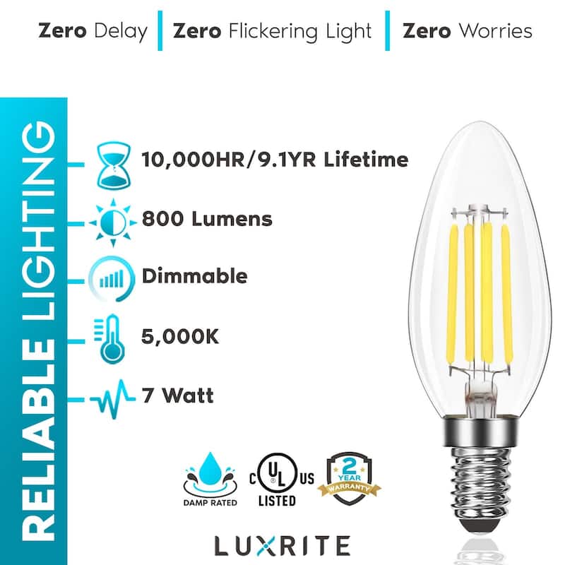 Luxrite Candelabra LED Light Bulbs 100W Equivalent 800 Lumens 7W B11 Dimmable Damp Rated UL Listed E12 6 Pack