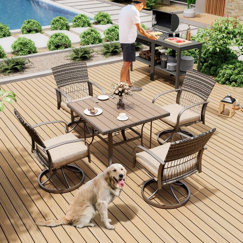 5-Piece Metal Patio Outdoor Dining Set with Square Table and Rattan Swivel Chairs with Cushion