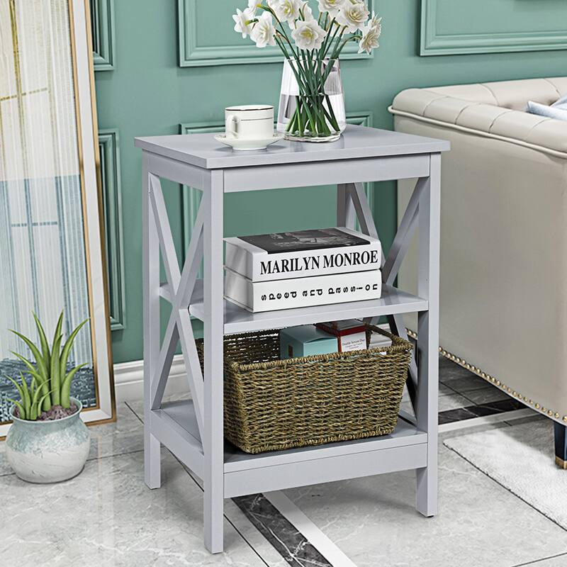 Gymax 3-Tier Nightstand End Table X Design Storage Display Shelf