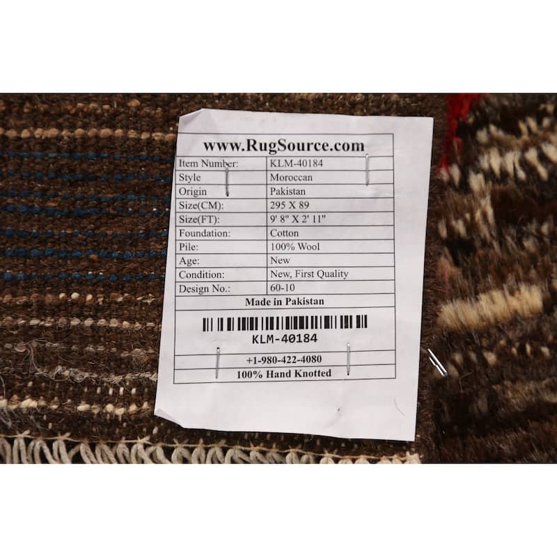 Brown Geometric Moroccan Oriental Runner Rug Handmade Wool Carpet - 2'11" x 9'8"