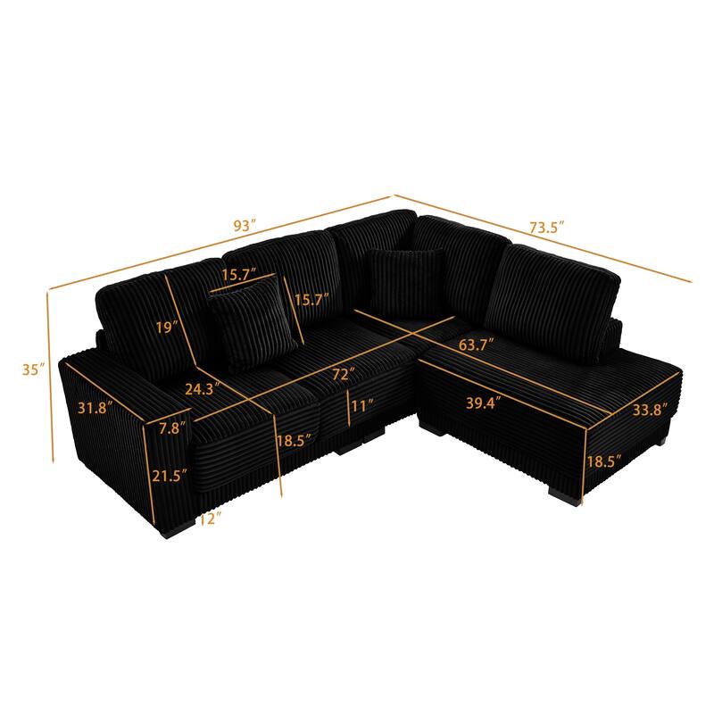 L Shaped Sectional Sofa with Reversible Chaise Lounge, Convertible Sectional 3 Seat Sofa, Corduroy Upholstered Corner Sofa