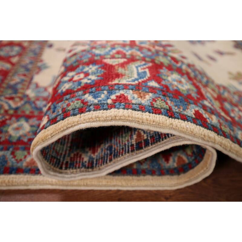 Ivory Geometric Kazak Accent Rug Handmade Wool Carpet - 3'4" x 4'10"