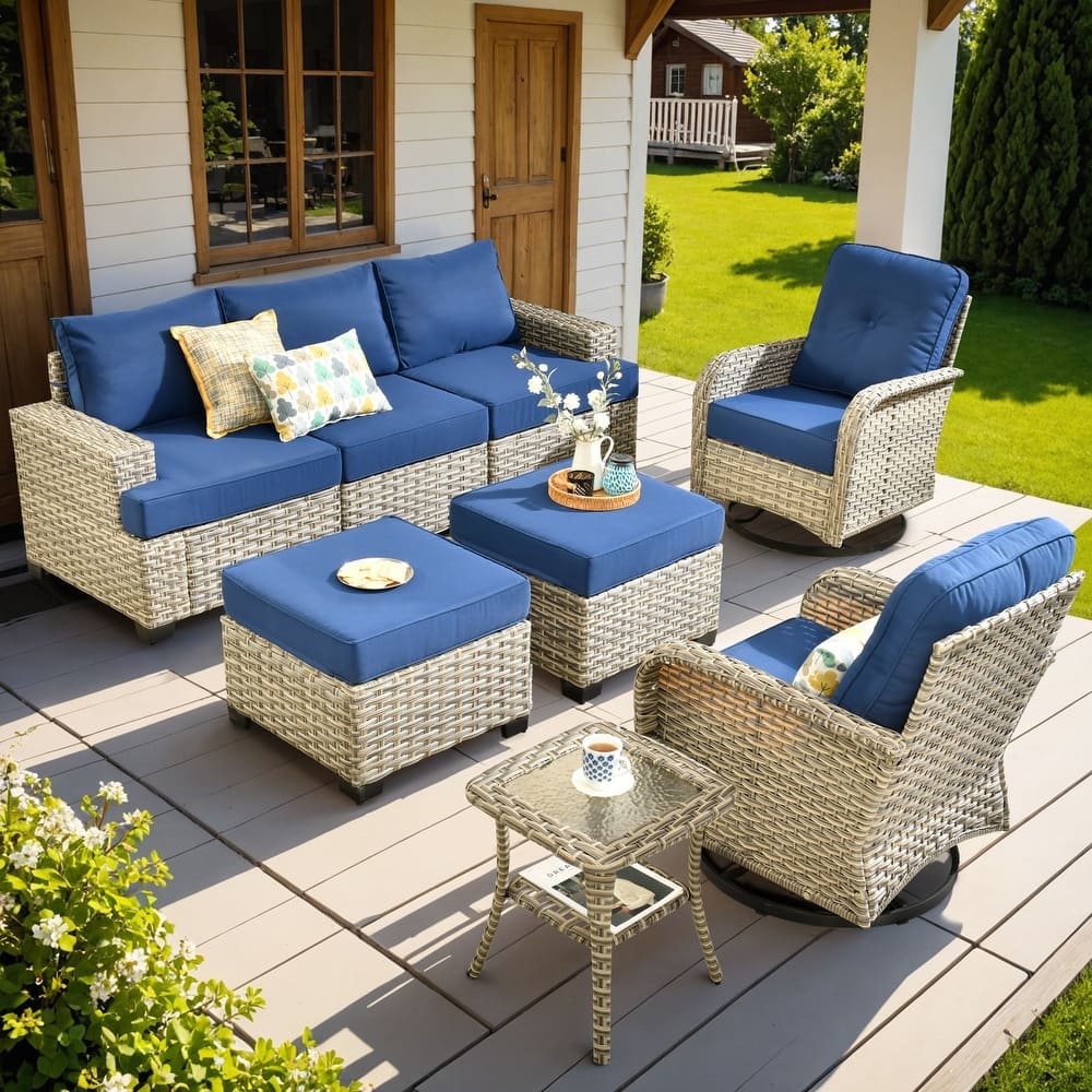 OVIOS 8 Pieces Wide Arm T shaped Seat Curved Swivel Chair Set With Ottoman