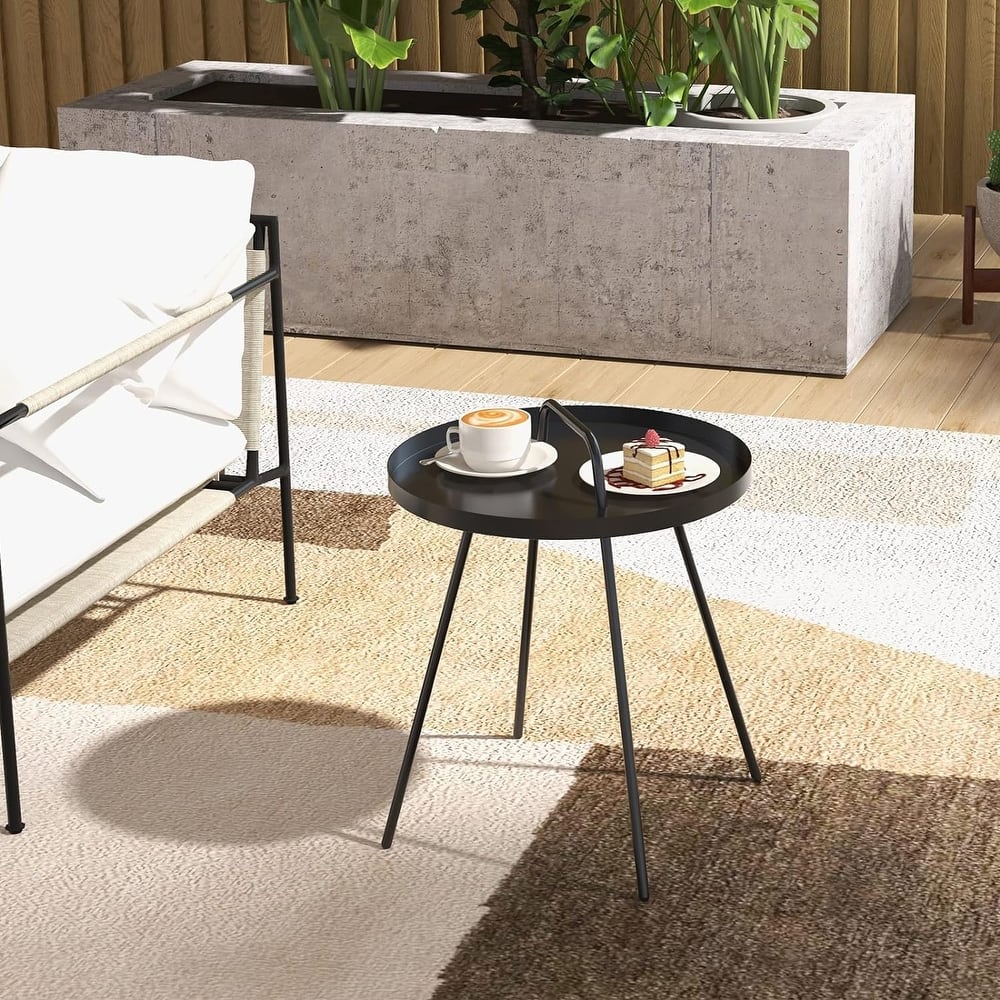 Outdoor Coffee Table with Handle, Weather Resistant Outdoor Portable End Table Millie 17-in Steel Round Side Table