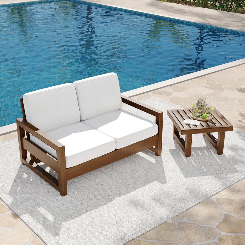 Teak Loveseat Patio Set with Cushions and Table (2-Piece)