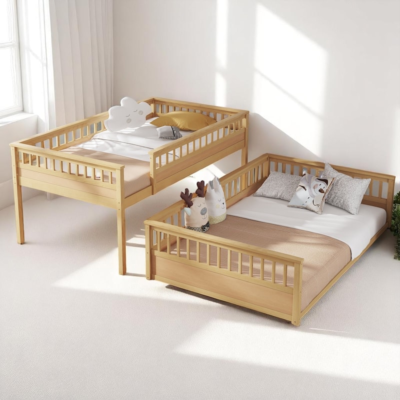 Convertible Twin XL Over Queen Size Bunk Bed with Safety Rails, Ladder and Wood Slats, No Box Spring Needed
