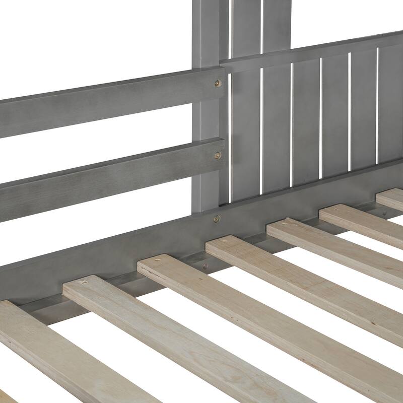 Twin Over Full Bunk Bed with Playhouse, Farmhouse Design, Ladder and Guardrails, Antique Gray