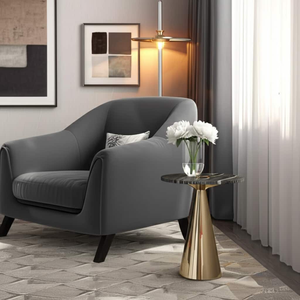 Marble Metal Side Table Round Top Sleek Narrow Base - 22" Grey - 22.25"